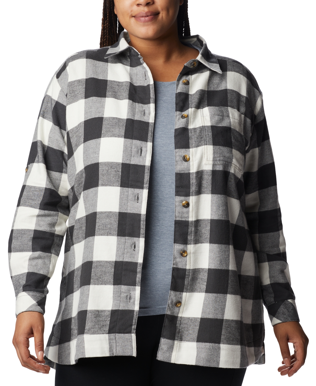 Shop Columbia Plus Size Holly Hideaway Cotton Checked Flannel Tunic Shirt In Shark Buffalo Check