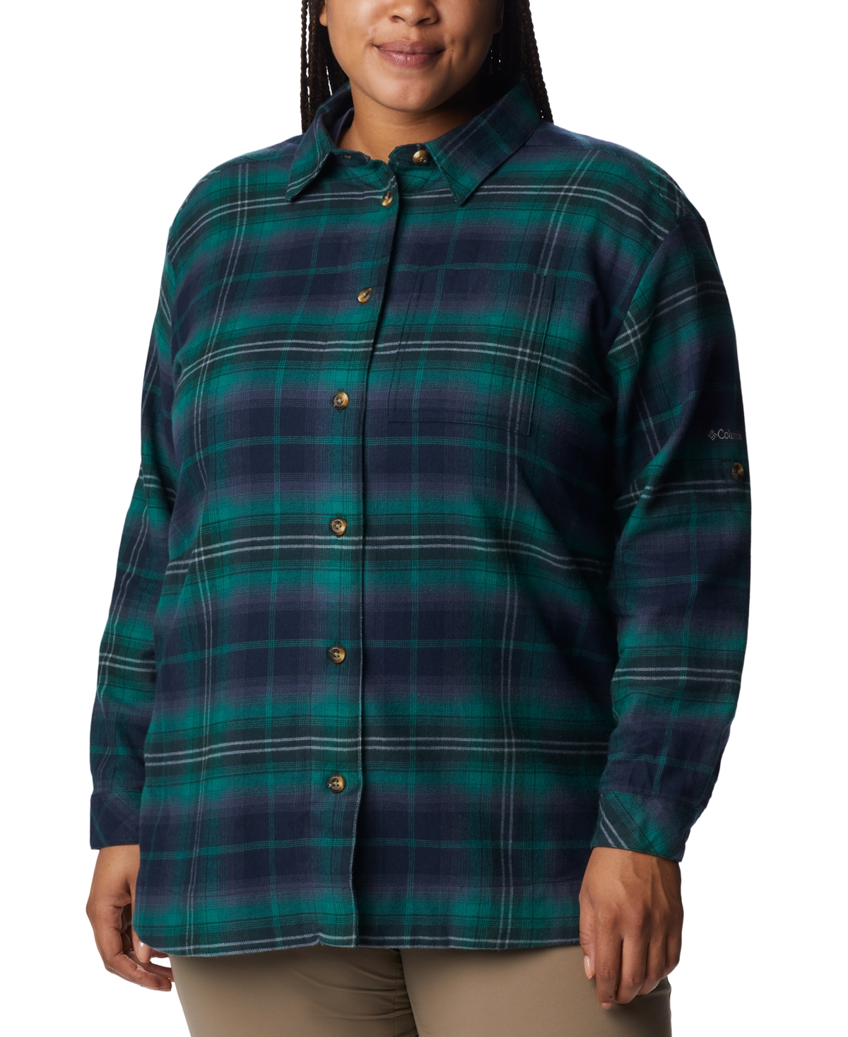 Columbia Plus Size Holly Hideaway Cotton Checked Flannel Tunic Shirt In Spruce
