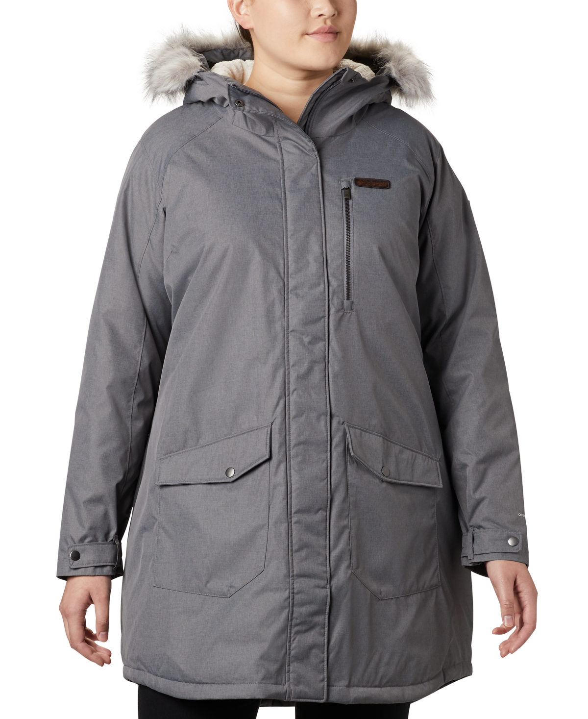 Columbia Plus Size Suttle Mountain Hooded Faux-fur-trim Long Insulated Jacket In City Grey