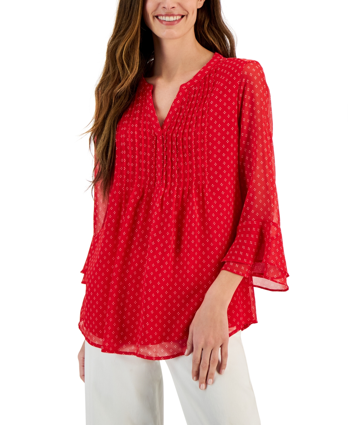 CHARTER CLUB PETITE PRINTED PINTUCK TOP, CREATED FOR MACY'S