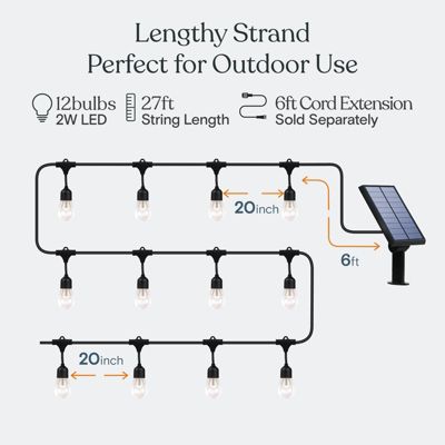 Ambience Pro Heavy Duty Solar-Powered LED Outdoor String Lights with 15 Hooks, Warm White (27 ft.)