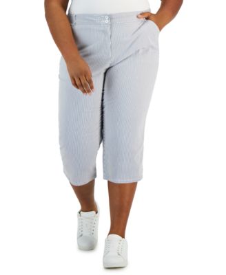 Karen Scott - Plus Size Corded Stripe High-Rise Capri Pants