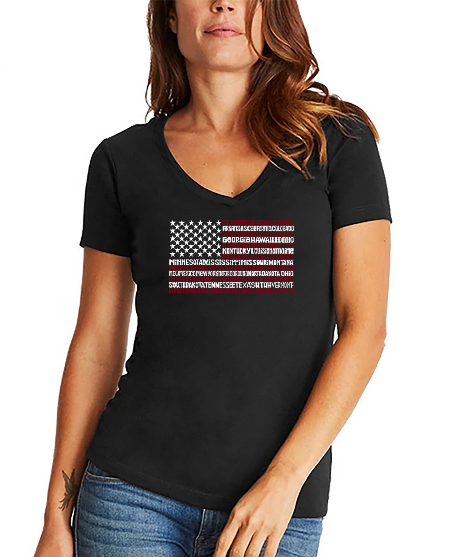 Women's 50 States USA Flag Word Art V-neck T-shirt