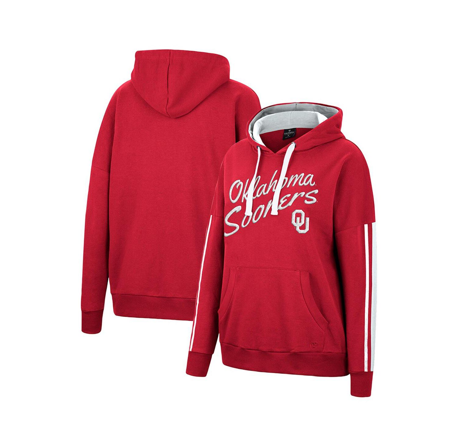 Women's Crimson Oklahoma Sooners Serena Oversized Sleeve Striping V-Neck Pullover Hoodie