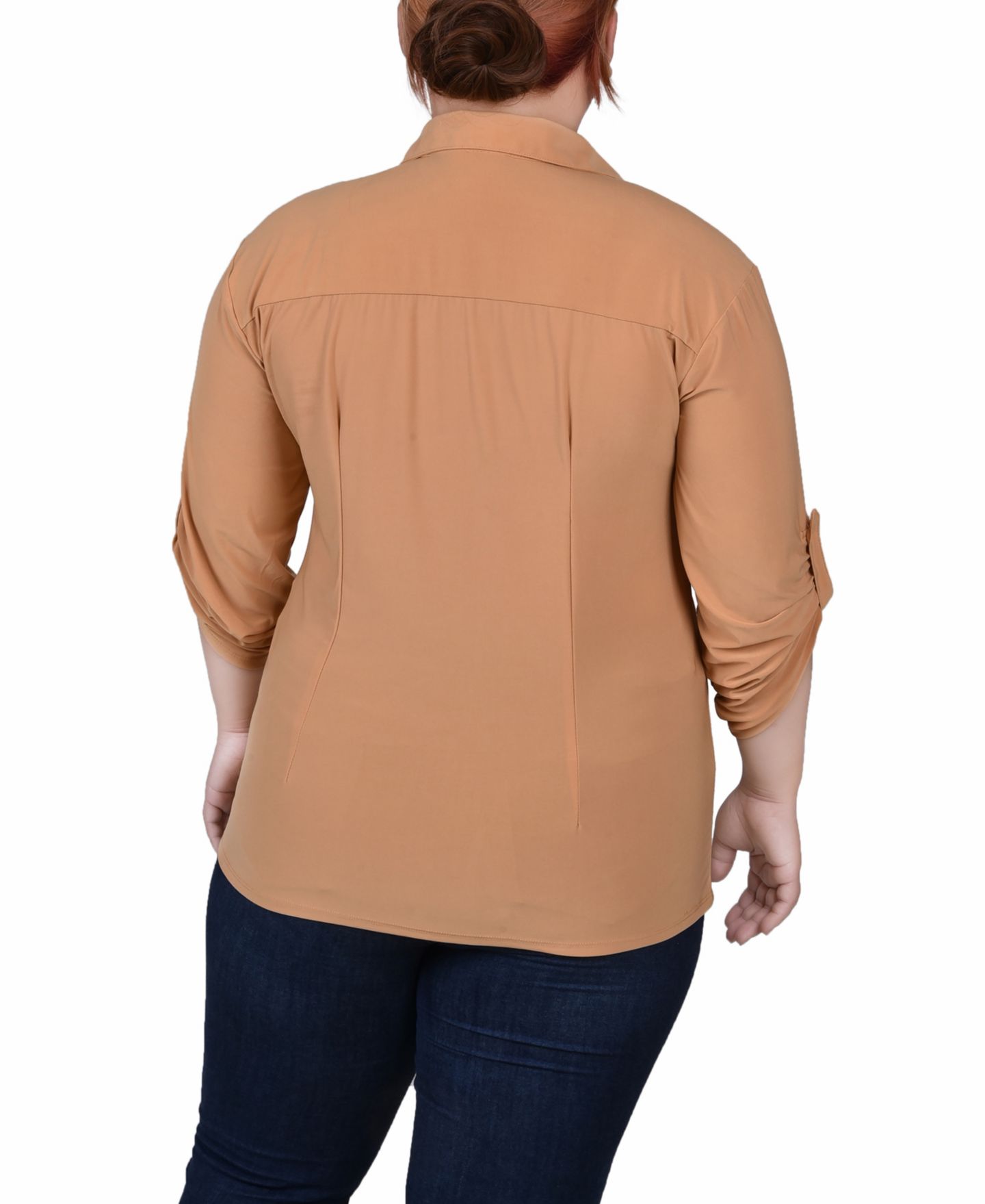 Женский топ NY Collection Plus Size 3/4 Roll Tab Rouched-Front, цвет: Кофейный — фото 2
