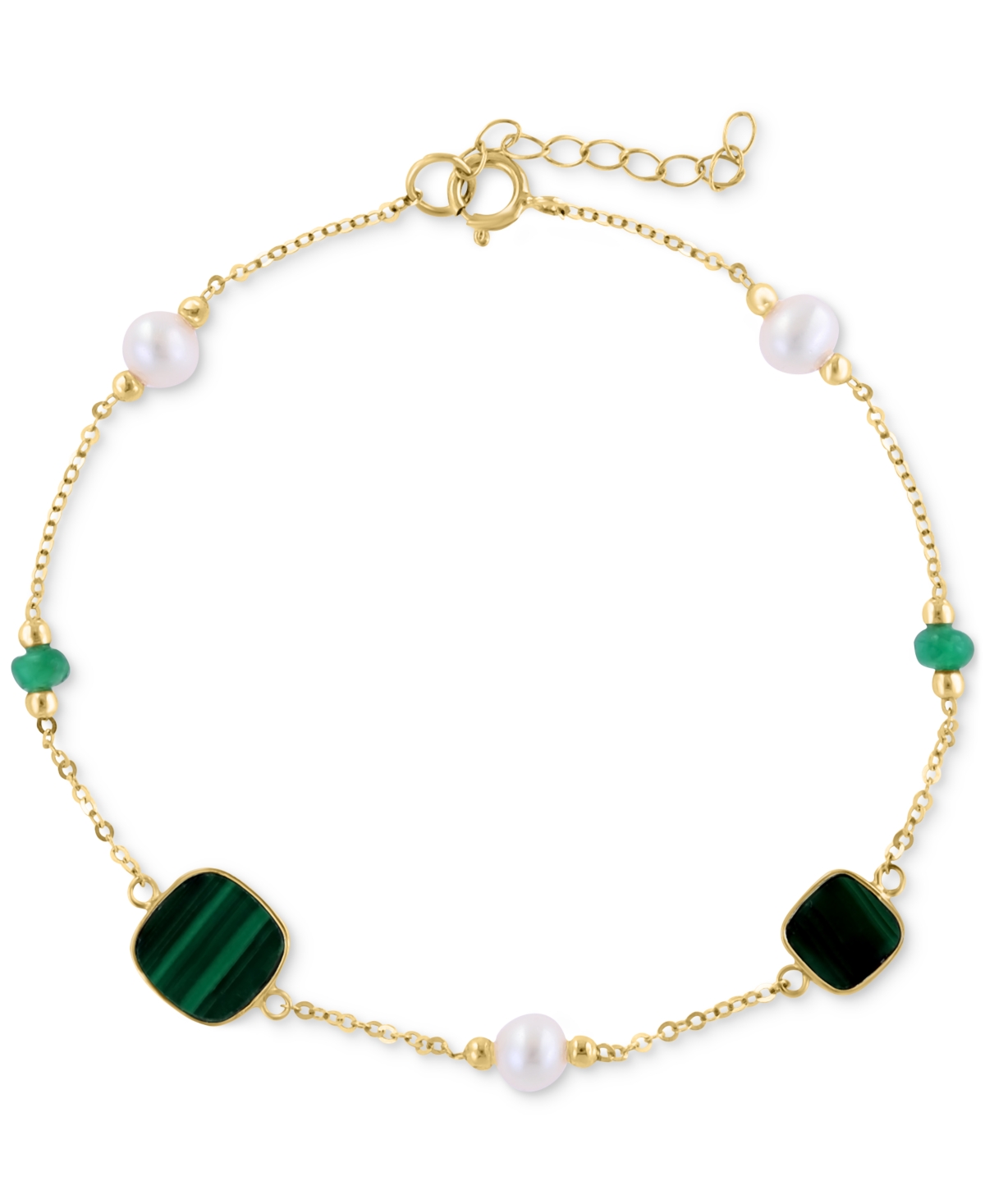 Effy Collection Effy Freshwater Pearl (4-1/2mm), Malachite, & Emerald (1/4 Ct. T.w.) Link Bracelet In 14k Gold