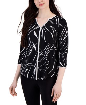 Alfani - Women's Solid Piped Split-Neck 3/4-Sleeve Top