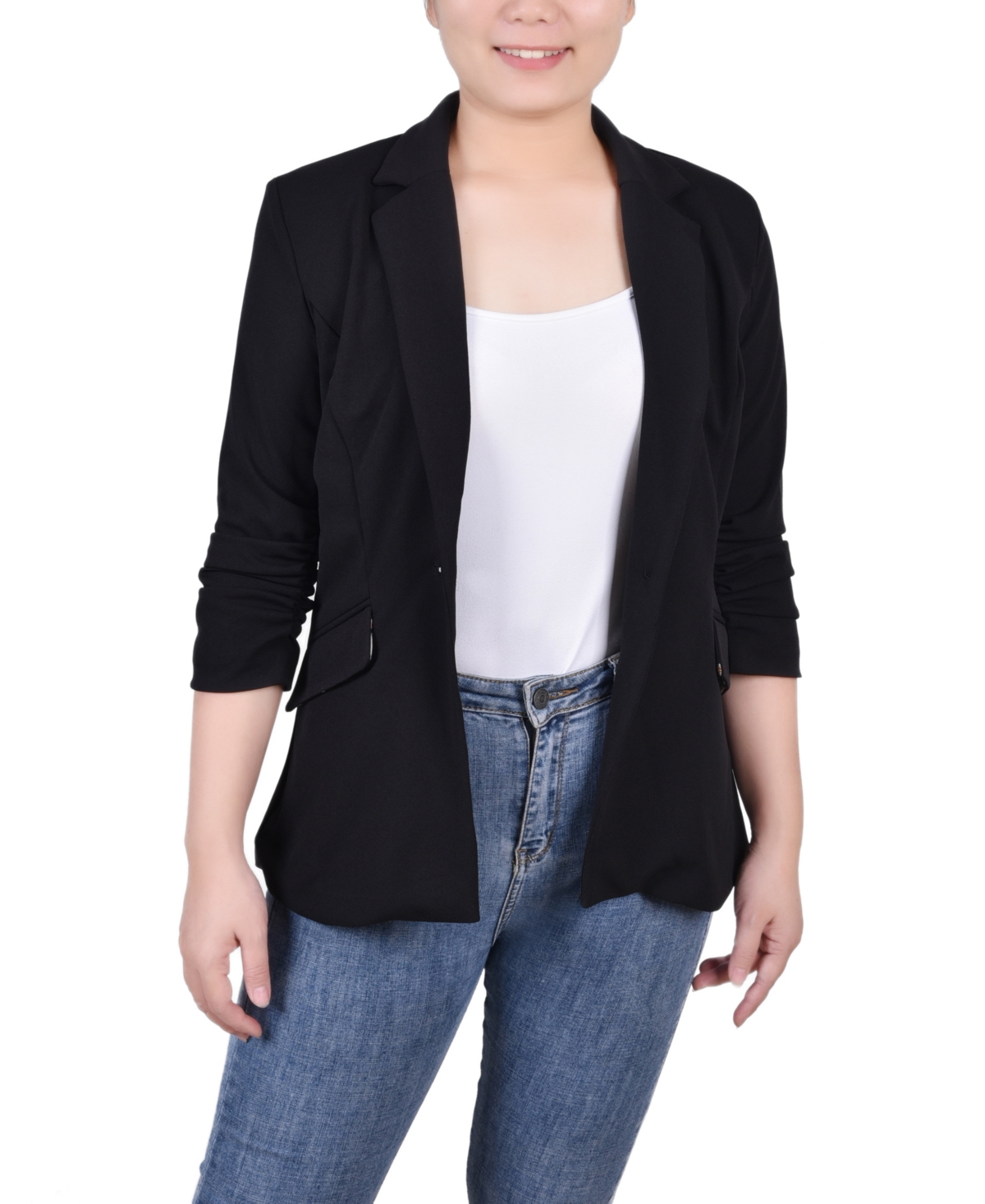 Ny Collection Women's 3/4 Rouched Sleeve Crepe Jacket - Black - Black Red Chain