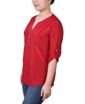 Women's 3/4 Roll Tab Zip Front Jacquard Knit Top
