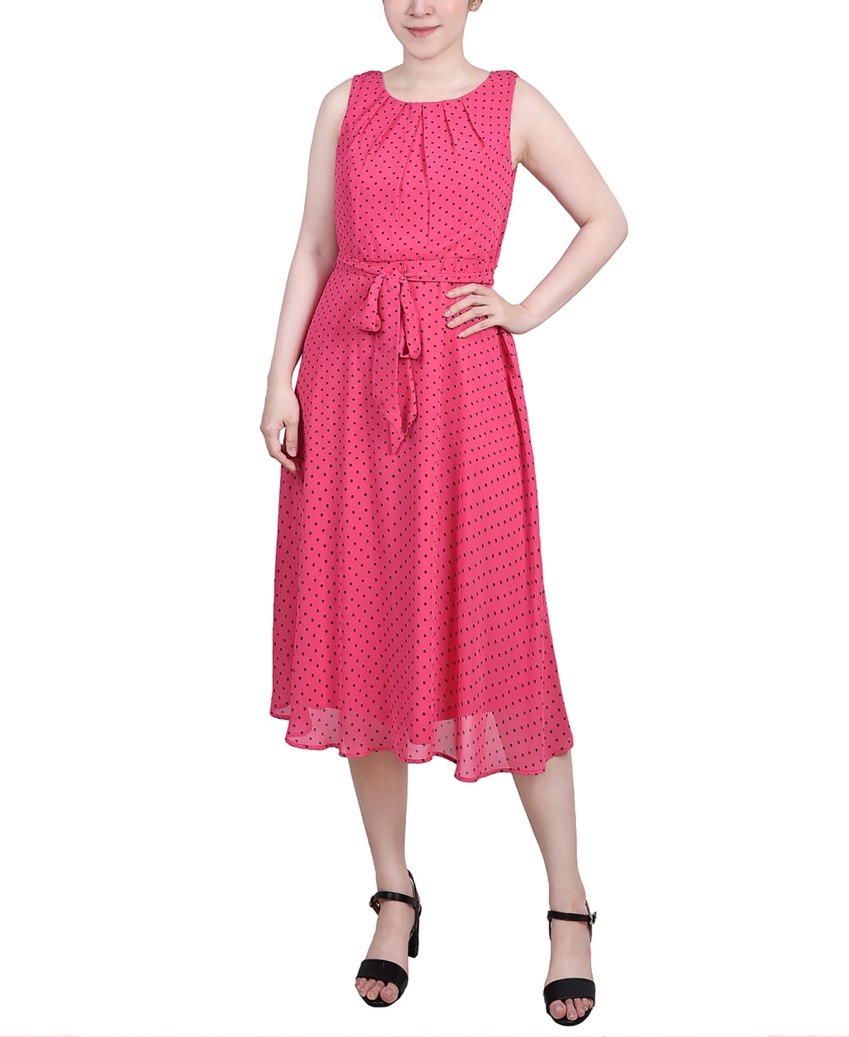 Shop Ny Collection Petite Sleeveless Chiffon Belted Dress In Pink Black Fantasy Dot