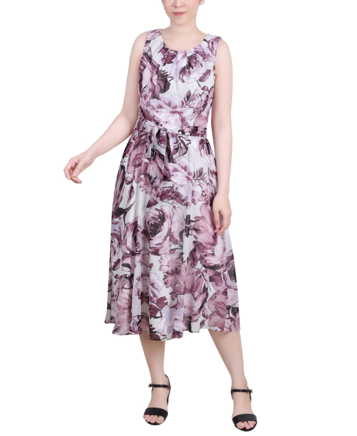 Ny Collection Petite Sleeveless Chiffon Belted Dress In Sage Mauve Floral
