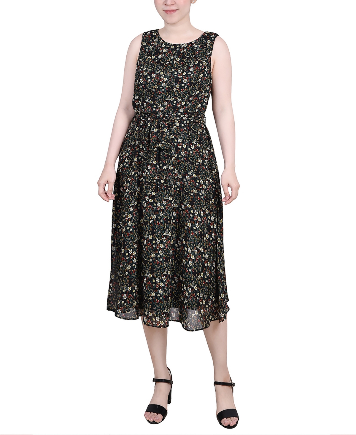 Ny Collection Petite Sleeveless Chiffon Belted Dress In Black Ditsy Floral