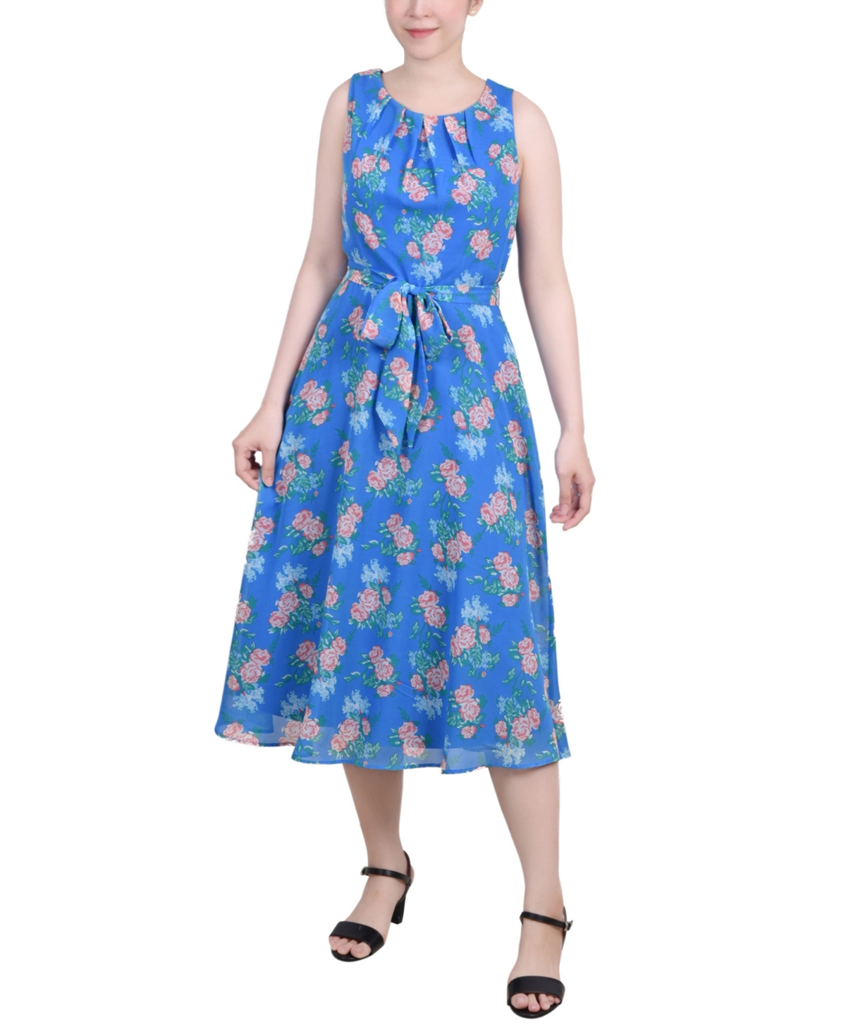 Ny Collection Petite Sleeveless Chiffon Belted Dress In Bright French Blue Melon