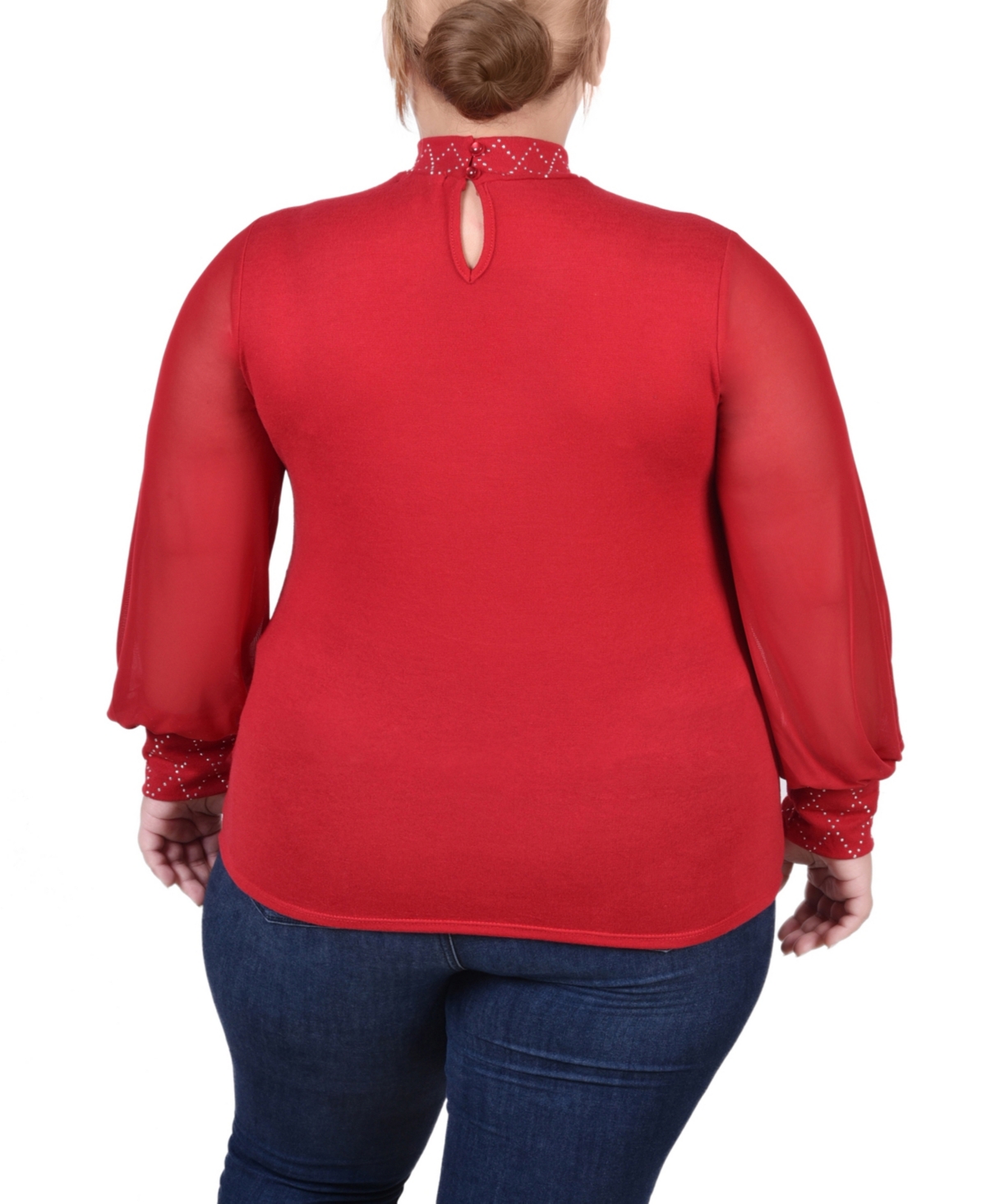 Ny Collection Plus Size Long Mesh Sleeve Pullover Top with Jewels