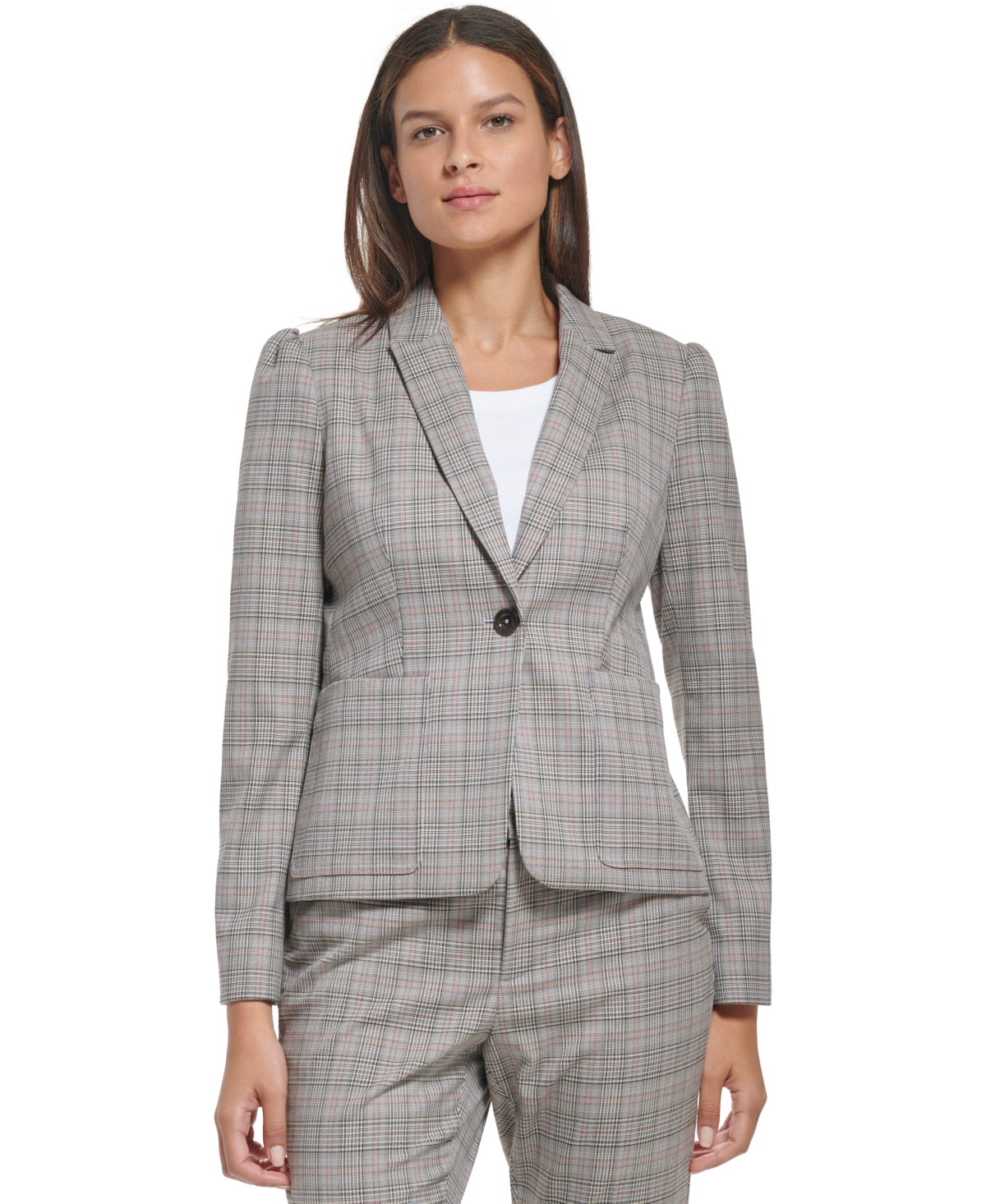 Tommy Hilfiger Womens Gingham Puff Sleeve Blazer Pleat Sleeve Button Front Shirt Pleated Pull On Midi Skirt In Khaki Multi