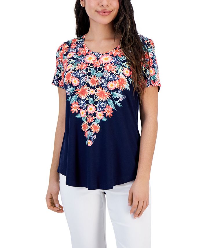 JM Collection Petite Floral-Print Short-Sleeve Top, Created for Macy's ...