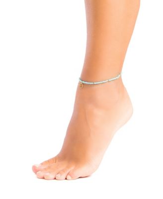 Fine Aqua Seed Beads Ankle Bracelet in Fine 18K Gold Plated Over Sterling Silver