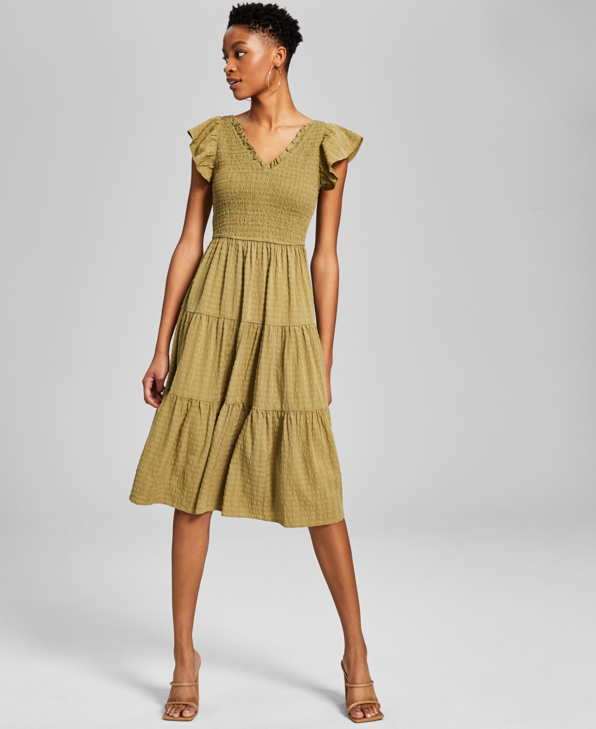 And Now This Women's Smocked Flutter-sleeve Midi Dress In Olive