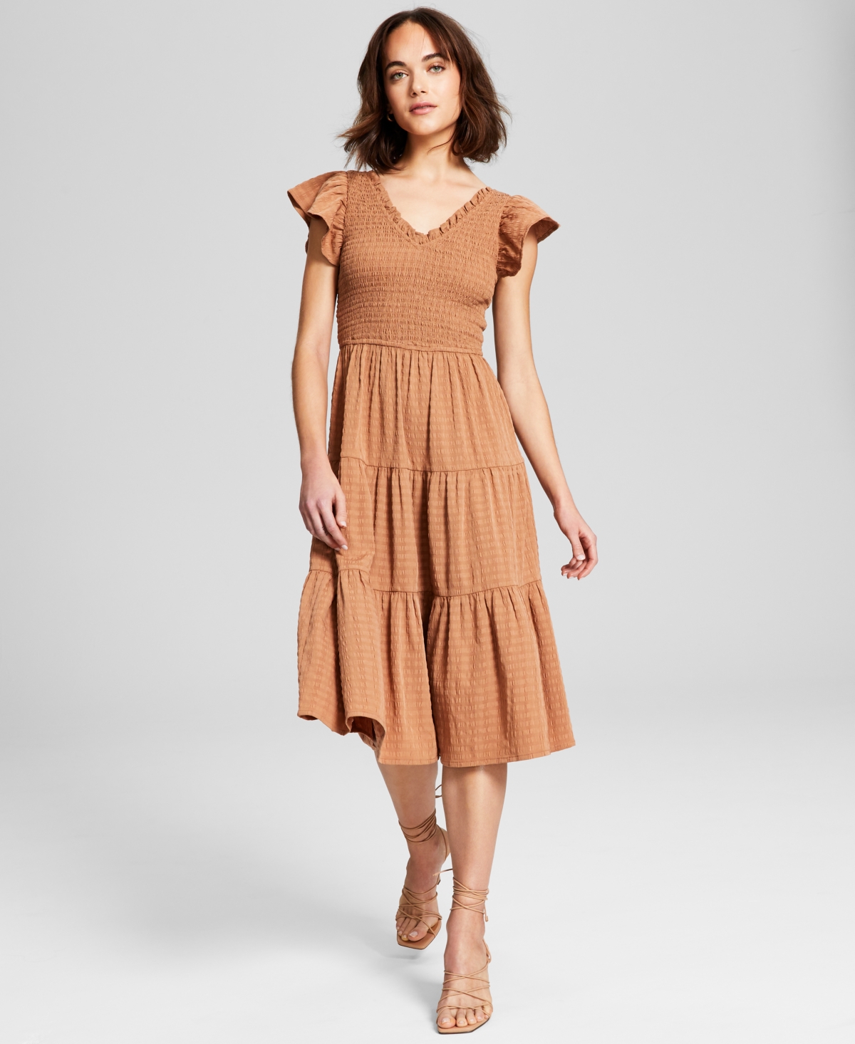 And Now This Women's Smocked Flutter-sleeve Midi Dress In Pecan