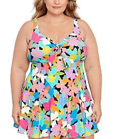 Plus Size Tummy Control Bow-Front Printed Swimdress, Created for Macy's