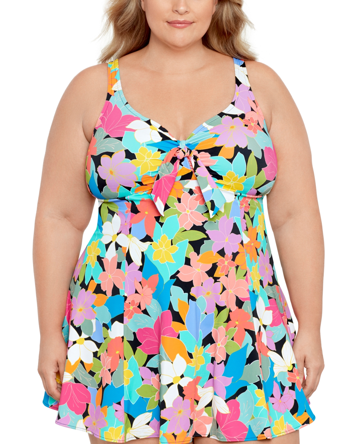 Swim Solutions Plus Size Tummy Control Bow-front Printed Swimdress, Created For Macy's In Floral Frenzy