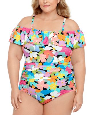 Plus Size Tummy Control Off-The-Shoulder Ruffled Swimsuit, Created For Macy's