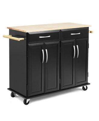 Costway Black Kitchen Cart with Natural Wood Top and Cabinet Storage