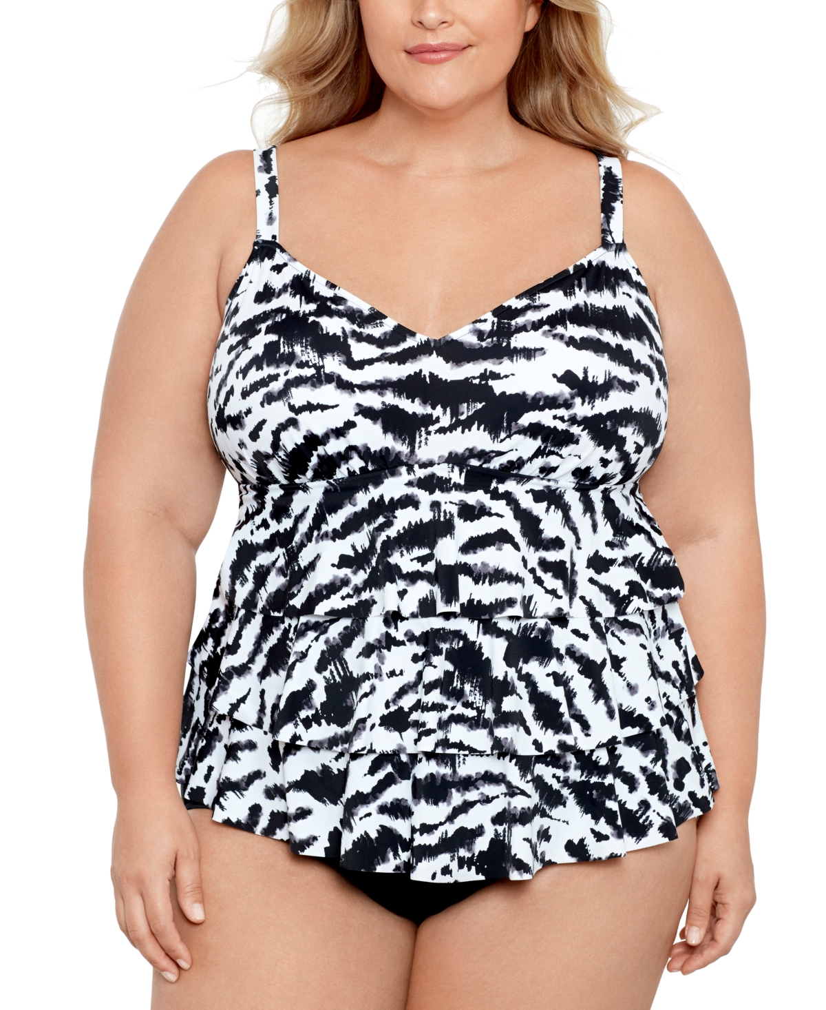 Swim Solutions Plus Size Tummy Control Triple Tier Fauxkini, Created For Macy's Women's Swimsuit In Black