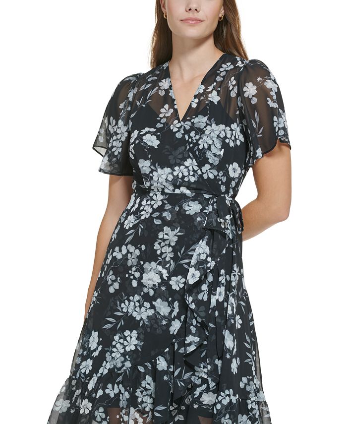 Calvin Klein Women's Floral-Print Ruffled Faux-Wrap Fit & Flare Dress ...
