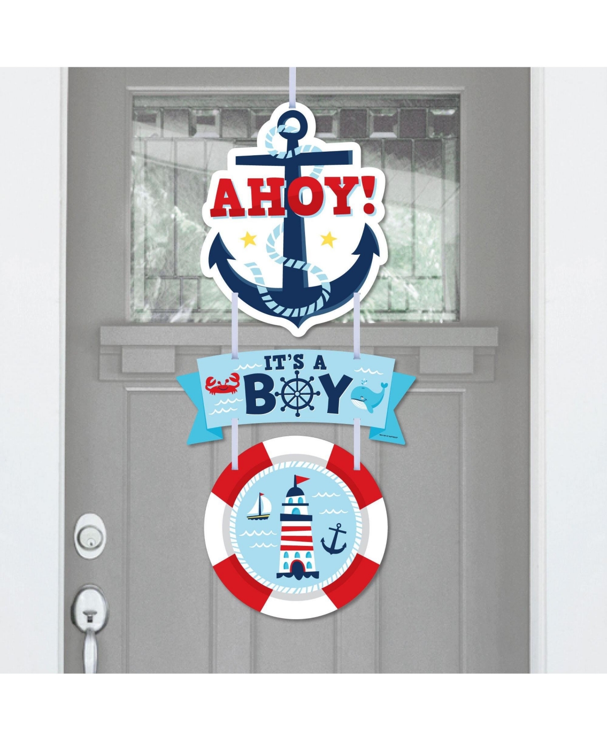 Ahoy Its a Boy - Nautical Baby Shower Outdoor Front Door Decor - 3 Piece Sign