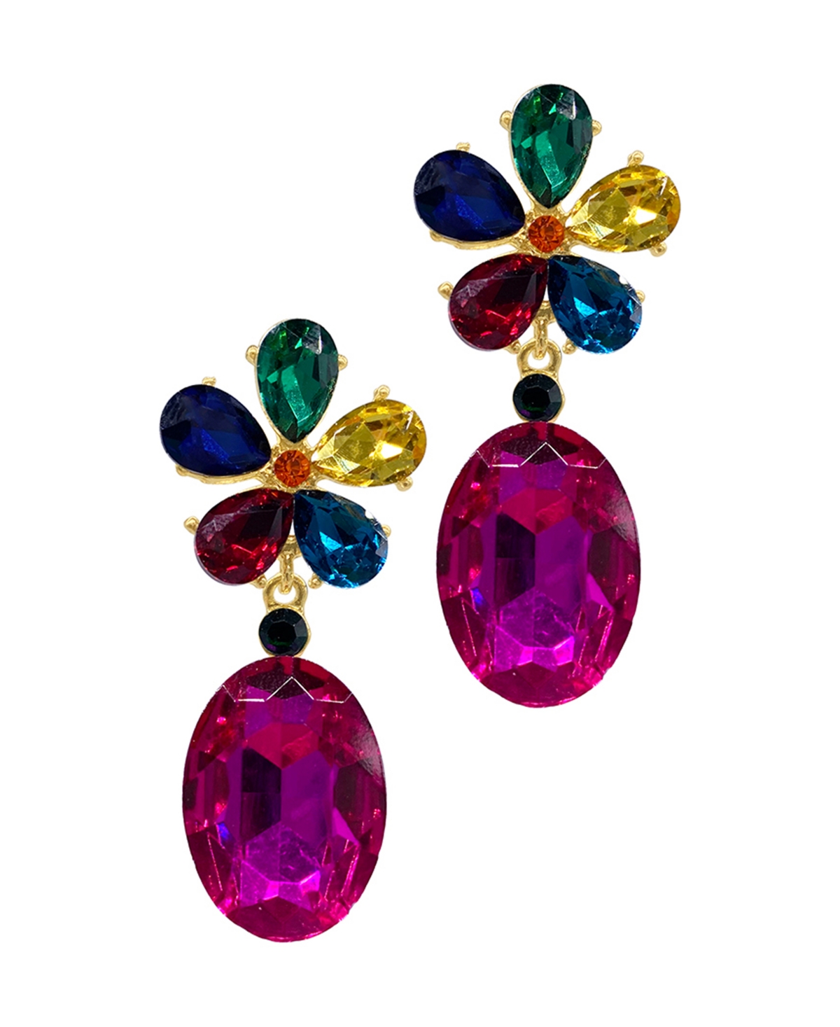 14K Gold-Tone Plated Crystal Clear Flower Drop Earrings - Purple