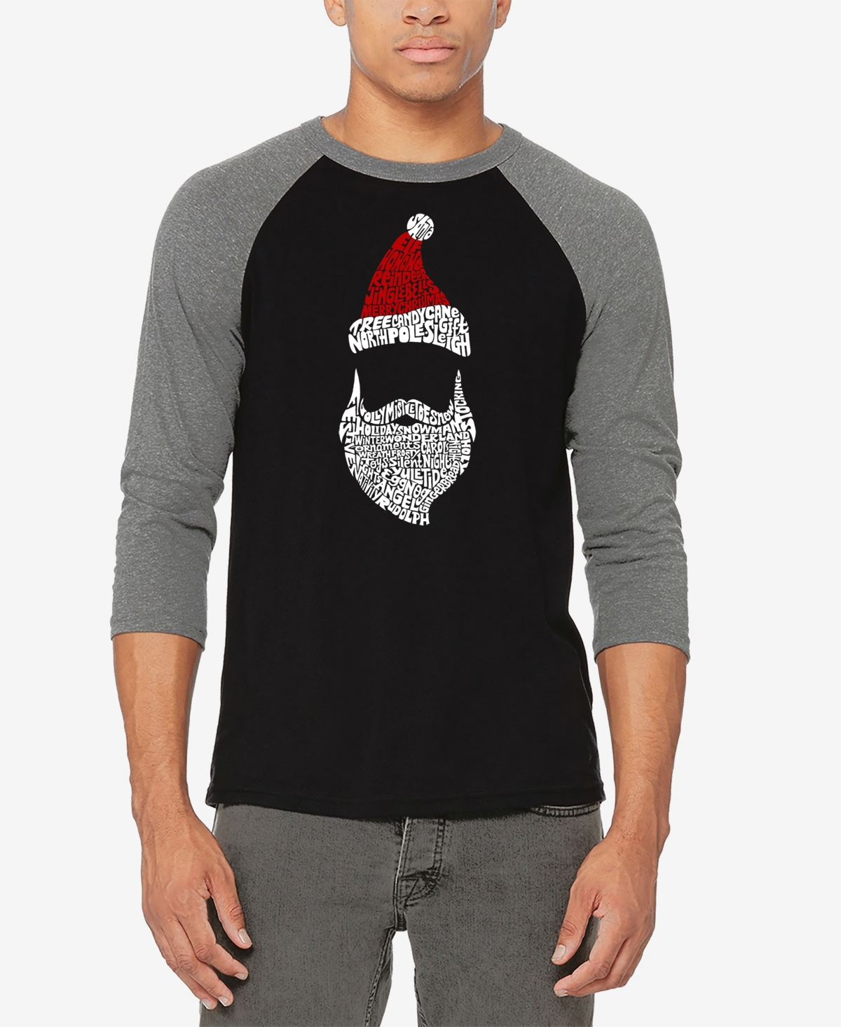 La Pop Art Men's Raglan Baseball Santa Claus Word Art T-shirt - Black