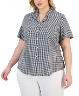 Karen Scott - Plus Size Gingham Button-Down Short-Sleeve Shirt