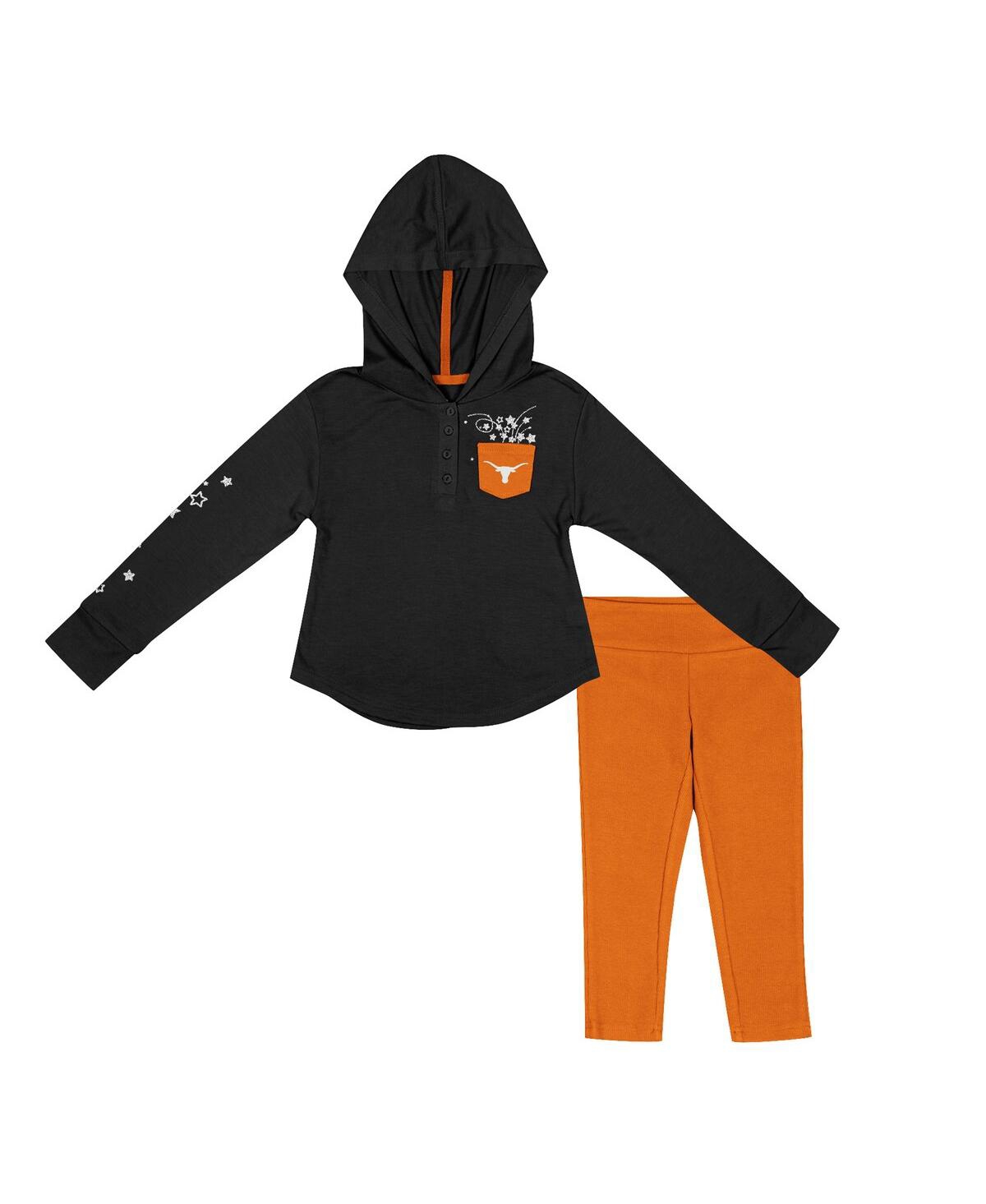 Colosseum Babies' Toddler Girls  Black, Orange Texas Longhorns Most Delightful Way Long Sleeve Hoodie T-shirt In Black,orange