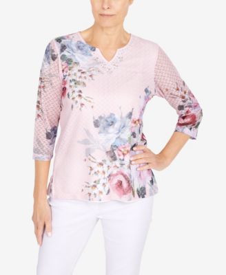 Alfred Dunner Plus Size Comfort Zone Texture Chevron Lace Neck Top - Macy's