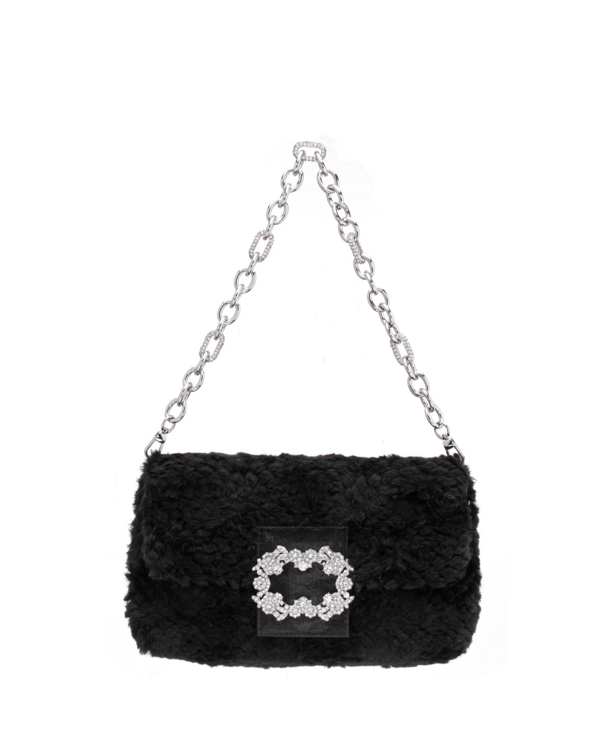 Women's Faux Fur Baguette Bag with Crystal Buckle - Black