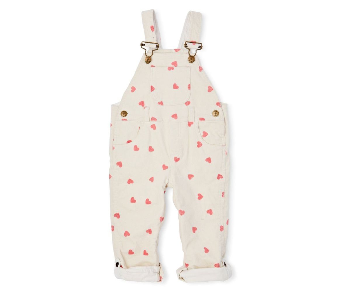 Dotty Dungarees Toddler Girl Heart Print Cord Overalls In Cream Pink