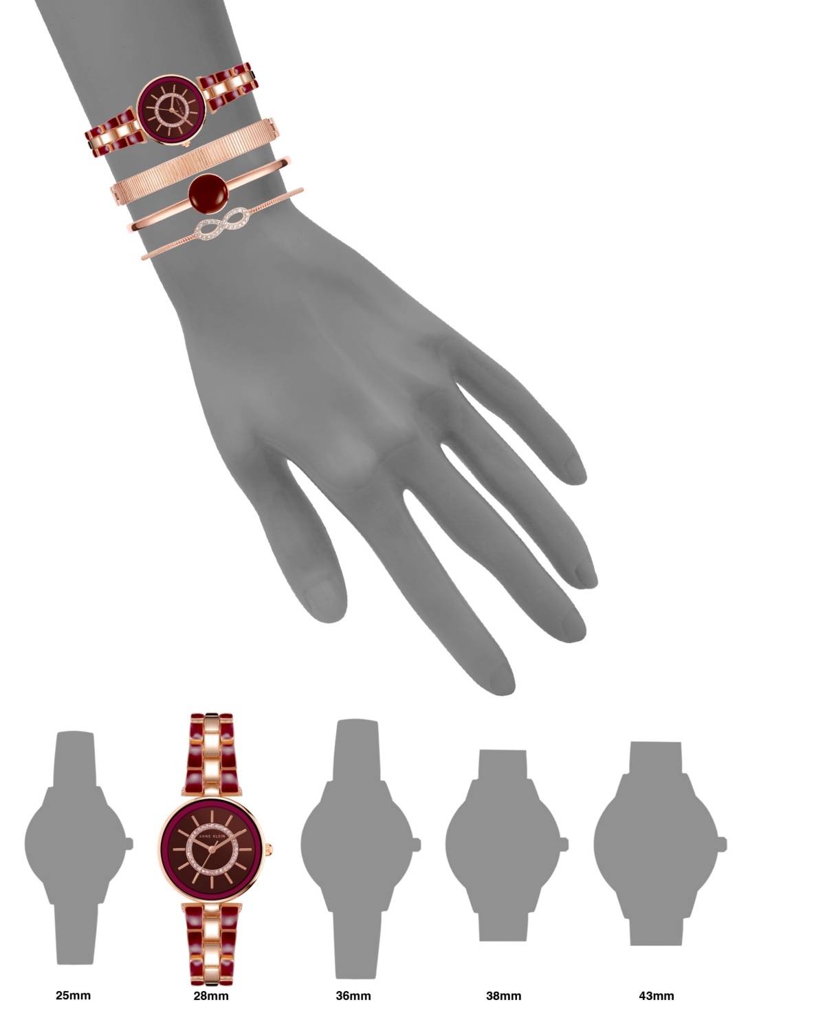 Anne Klein Women's Rose Gold-tone Alloy Bracelet With Burgundy Enamel And Crystal Accents Fashion Watch 34mm Se In Rose Gold-tone,burgundy