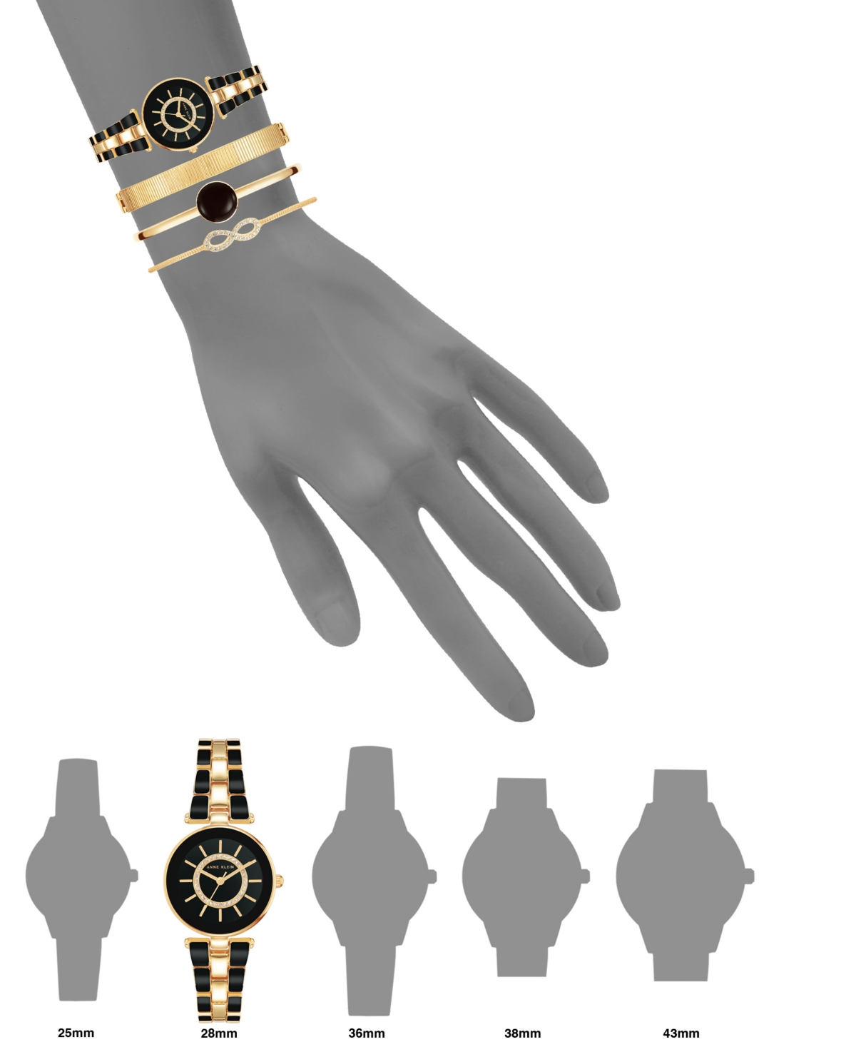 Anne Klein Women's Gold-tone Alloy Bracelet With Black Enamel And Crystal Accents Fashion Watch 34mm Set 4 Piec In Gold-tone,black