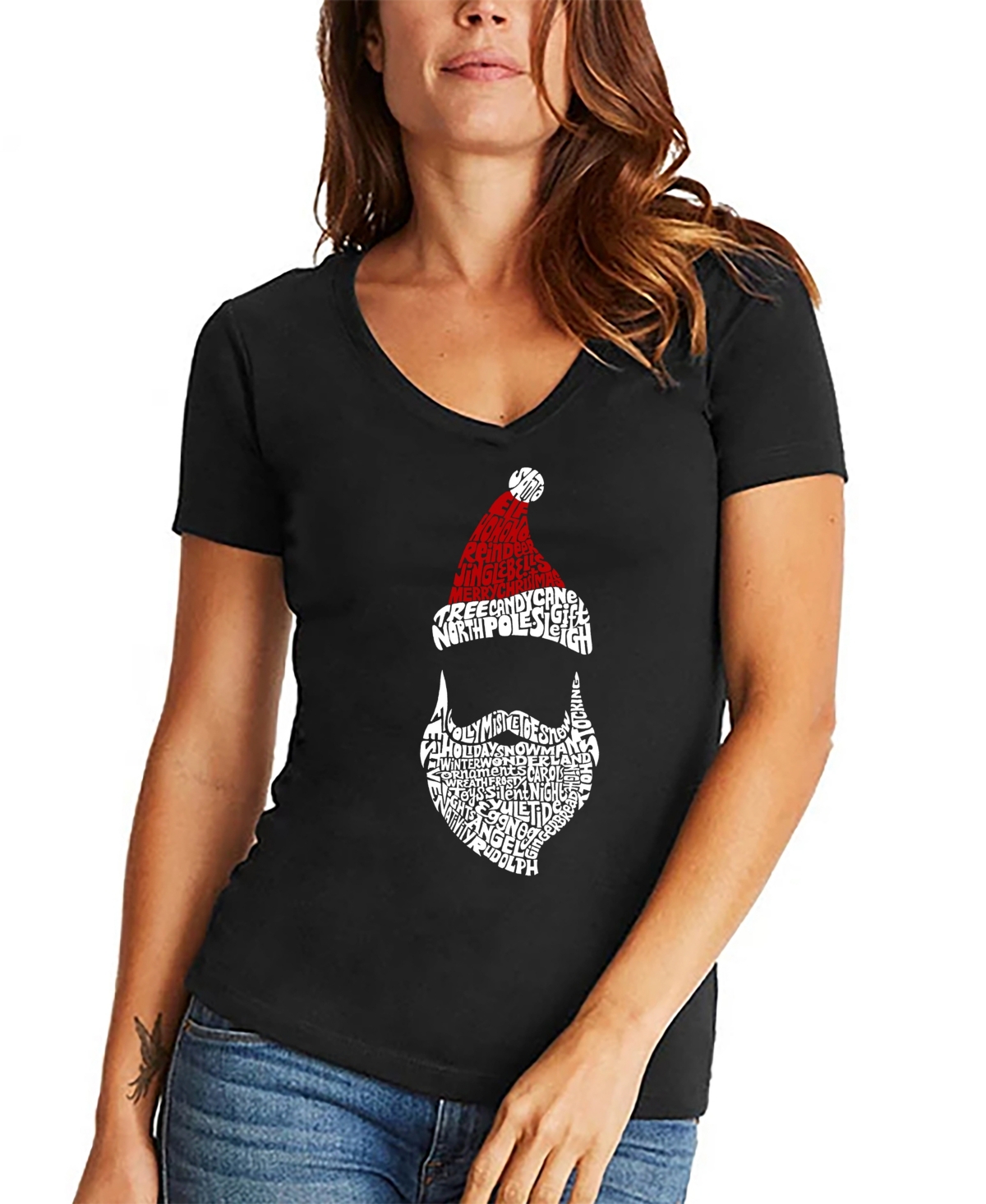 La Pop Art Women's Santa Claus Word Art V-neck T-shirt In Black