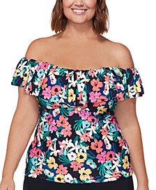 Plus Size Printed La Flor Off-The-Shoulder Removable-Strap Underwire Tankini, Created for Macy's