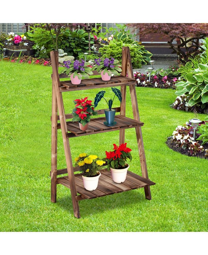 Outsunny 3 Tier Ladder-style Wooden Flower Plant Stand Outdoor Garden ...