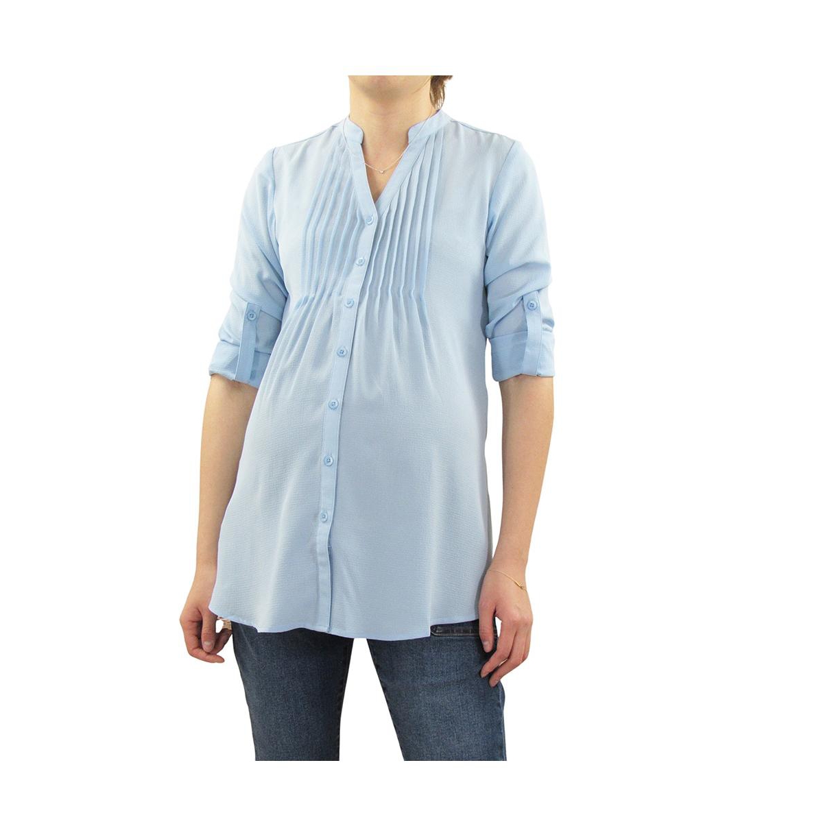 Maternity Pleated Roll Sleeve Nursing Top - Light/Pastel Blue