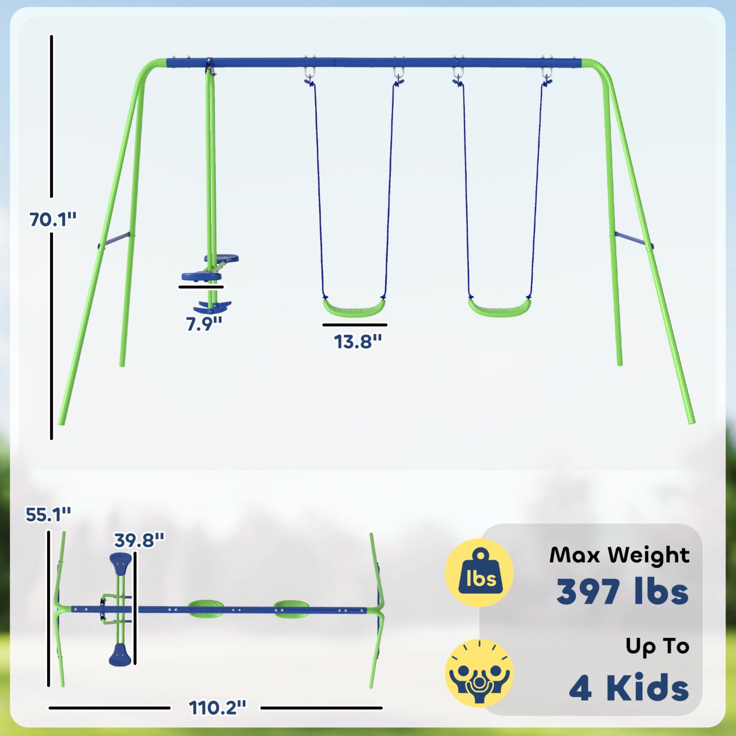 Детские игрушки Outsunny 2-in-1 Metal Swing Set with Adjustable Swing Seats & Glider, Ages 3+ — фото 3