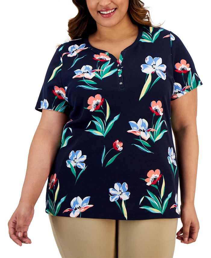 Karen Scott Plus Size Floral Americana Henley Top, Created for Macy's ...