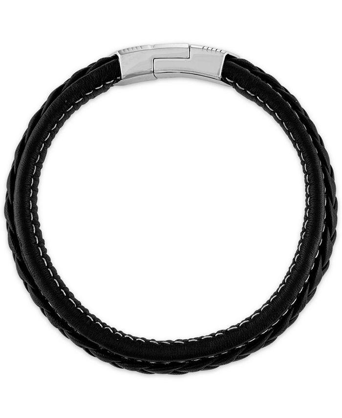 Esquire Men's Jewelry Woven Black Leather Bracelet in Sterling Silver