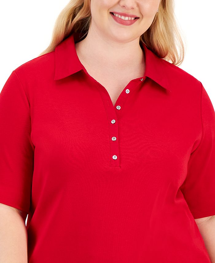 Karen Scott Plus Size Cotton PoloCollar ShortSleeve Top, Created for