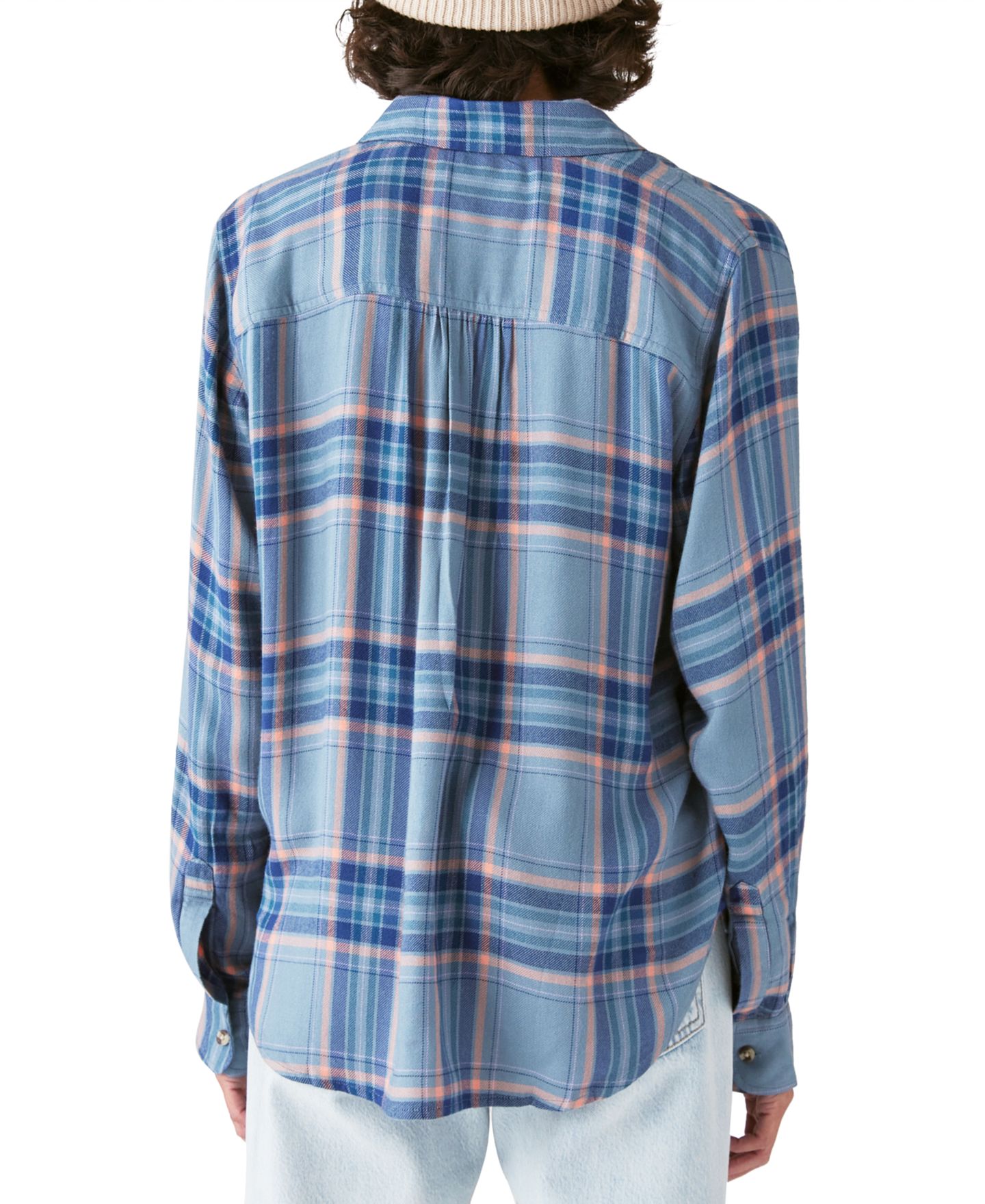 Женская рубашка Lucky Brand Plaid Button-Down Boyfriend, цвет: Дымчатый синий клетчатый — фото 2