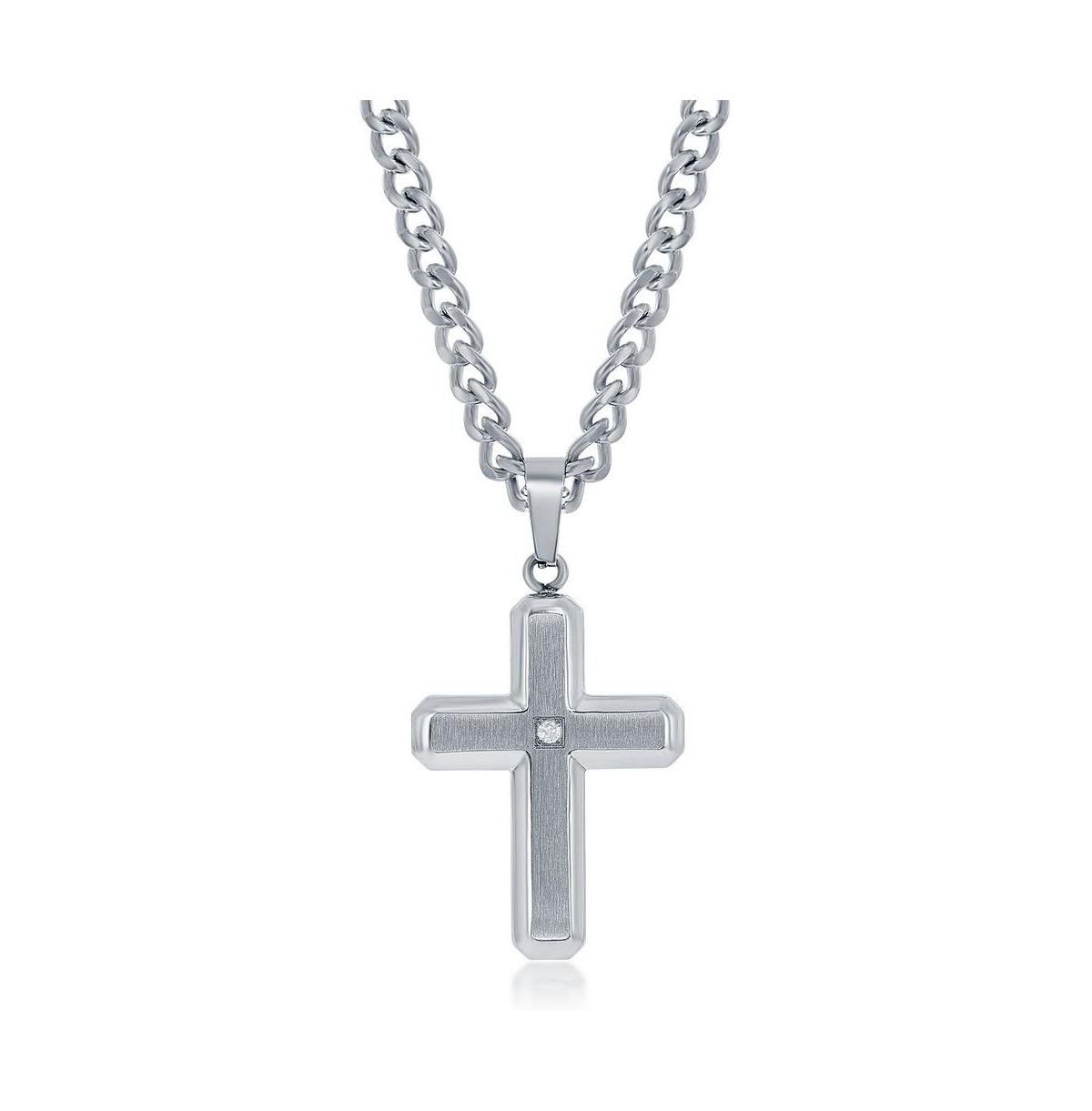 BLACKJACK MENS STAINESS STEEL BRUSHED POLISHED W/ CZ CROSS NECKLACE