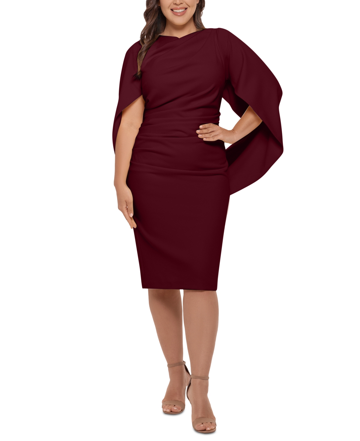 Betsy Adam Plus Size Ruched Cape Dress In Burgundy ModeSens